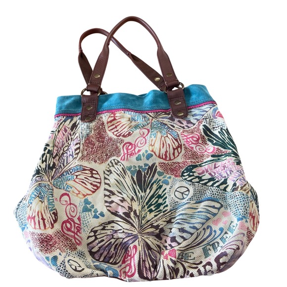 RARE Lucky Brand‎ Y2K Butterfly Peace Sign Boho Canvas Tote Bag Leather Handles - Picture 1 of 16